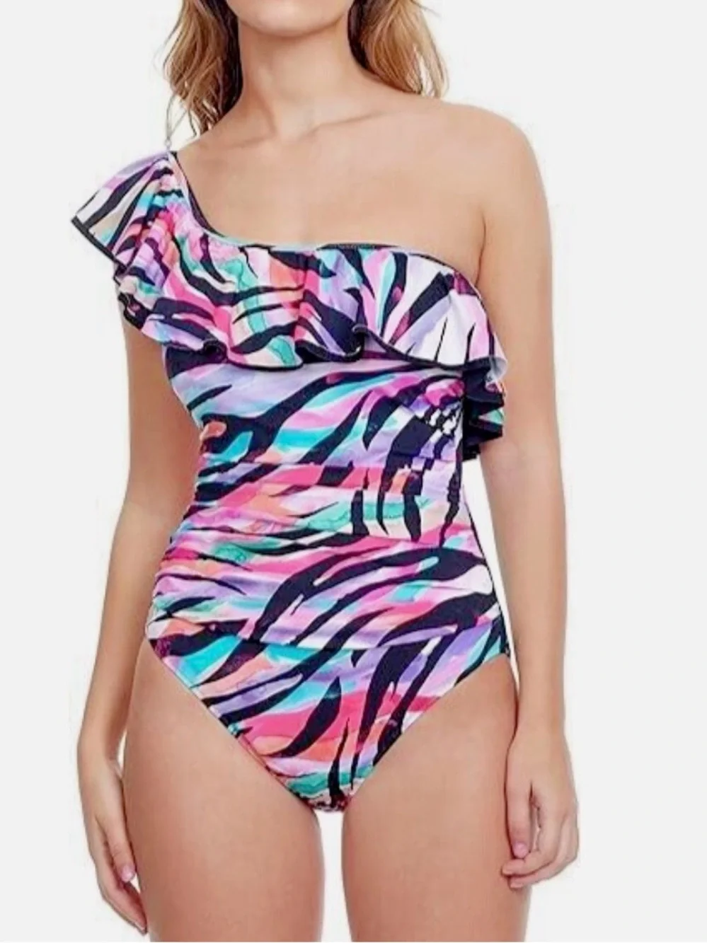 Profile by Gottex One-Shoulder One-Piece Swimsuit size 12 NWT Wild Parade